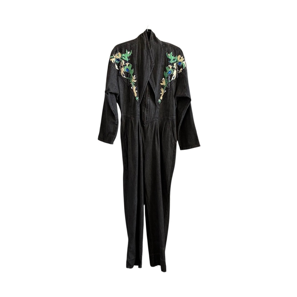 VINTAGE 1980s Stone Washed Black Denim Jumpsuit w/Appliqué & Jeweled Embroidery
